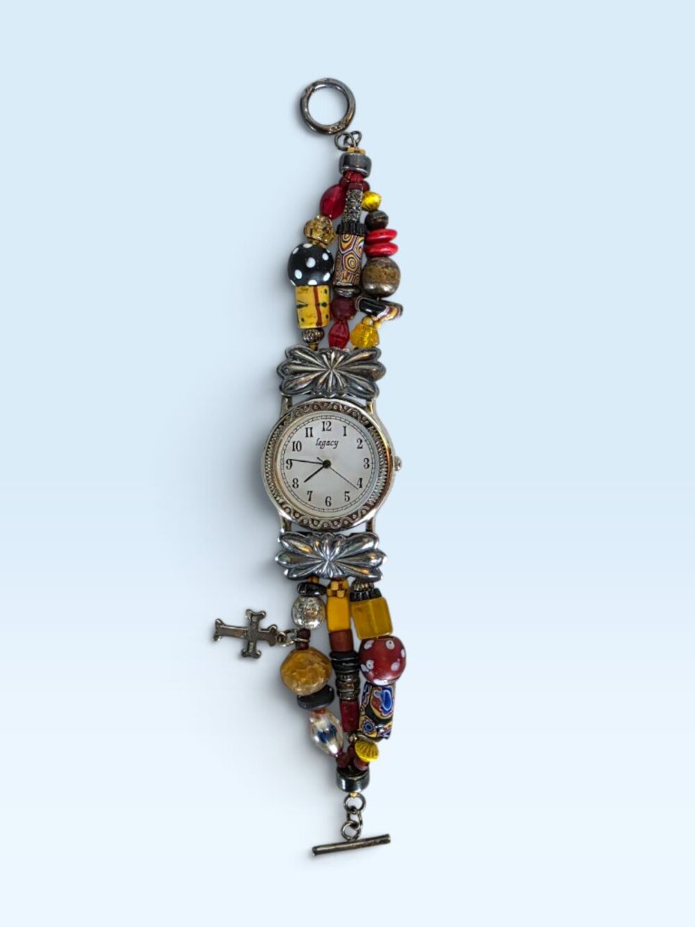 Vintage Southwestern Peyote Bird Sterling Silver Art Glass Bead Watch Band